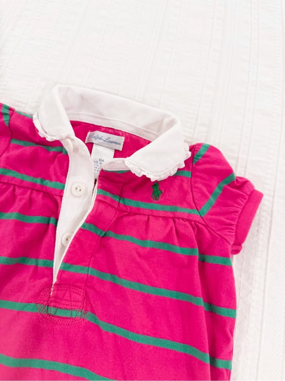 Ralph Lauren Baby Girl 100% Cotton Pink & Green Striped Bubble Romper 6M